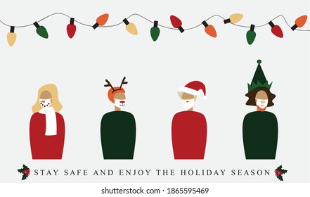 People cartoon characters wear the Christmas theme face mask vector and the light bulb garland. With text stay safe and enjoy the holiday season. Corona virus safety background during the celebration.