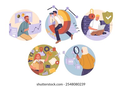 People cartoon characters working with business and personal big data isolated round composition set