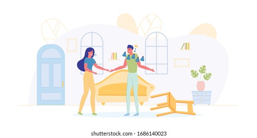 People Cartoon Characters, Young Man and Woman Need Professional Help in House Fixing. Professionalism and Competence in House and Apartments Repair Business Industry. Flat Vector Illustration.