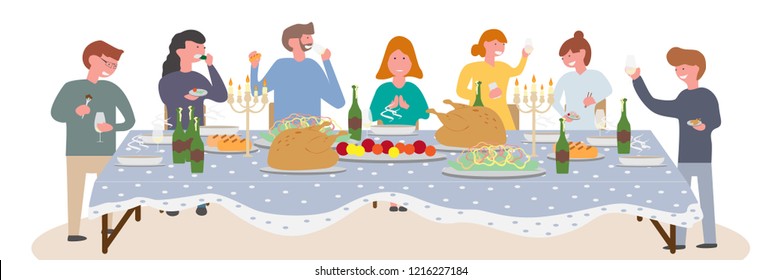 People cartoon entertain friends at home and dinners out with friends or family,eating meals, drinking wine and talking to each other,family Christmas or Thanksgiving dinner with turkey at the table.