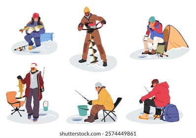 People cartoon fisher character enjoying winter fishing hobby activity on frozen lake or river. Man and woman drilling hole, celebrating success or feeling disappointed with catch vector illustration