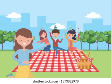 People cartoons having picnic design, Food party summer outdoor leisure healthy spring lunch and meal theme Vector illustration