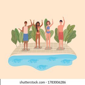 People cartoons with swimsuits at pool design, Summer vacation tropical and relaxation theme Vector illustration