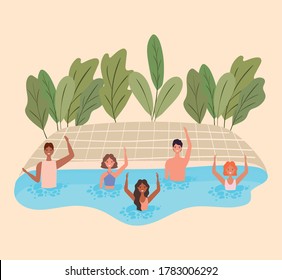 People cartoons with swimsuits at pool design, Summer vacation tropical and relaxation theme Vector illustration