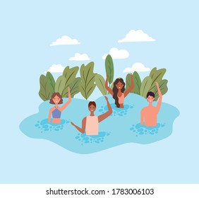 People cartoons with swimsuits at sea design, Summer vacation tropical and relaxation theme Vector illustration