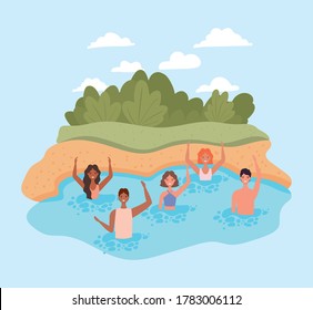 People cartoons with swimsuits at sea design, Summer vacation tropical and relaxation theme Vector illustration