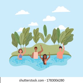 People cartoons with swimsuits at sea design, Summer vacation tropical and relaxation theme Vector illustration