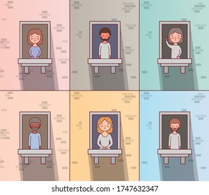 people cartoons at windows design, architecture stay at home and house theme Vector illustration