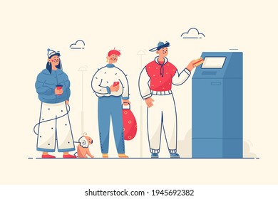 People at cash machine vector illustration. Line on street to withdraw cash from credit card on atm machine flat style. Money and technology concept. Isolated on yellow background