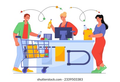 People at cash register concept. Man and woman in grocery store with natural organic products. Vegetables and fruits. Buyers and cashier in shop or market. Cartoon flat vector illustration