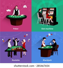 People In Casino Design Concept Set With Flat Poker Slot Machine Roulette Blackjack Icons Isolated Vector Illustration