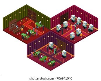 People in casino isometric concept with visitors playing card games roulette slot machines and drinking cocktails vector illustration