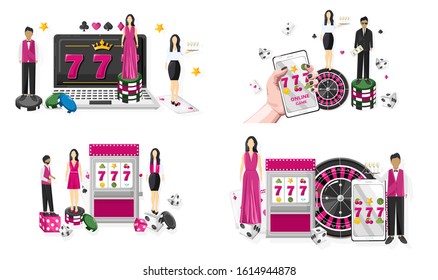 People in casino. Jackpot on slot machine and mobile phone. Playing roulette, dices and chips. Vector