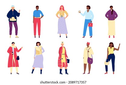 People in casual clothes. Elegant smile team, color casuals outfit. Millennial adult and teenage, fashioned female crowd in designer cloth, utter vector set