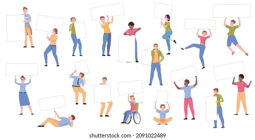 People in casual clothes men women disabled person holding blank banners flat set isolated vector illustration