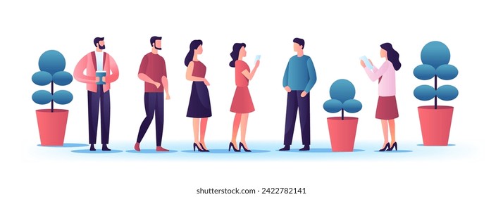 personas con ropa informal usando aparatos digitales, hombres mujeres se agrupan en horizontal