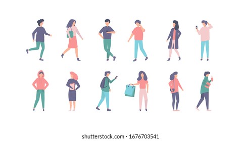 People in casual clothes vector illustration set. Cartoon man woman character in stylish clothing outfit, young person standing, walking, moving on city street. Active flat people isolated on white