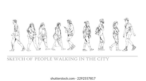 People in casual clothes walking in the city, tourist, shippers, students. Sketch, side view for your project