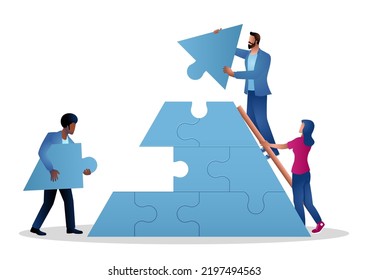 People in casual wear building a triangle shape puzzle, team work, under construction, vector illustration