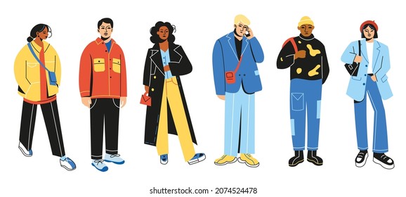 People in casual wear. Men and women trendy outfits, modern fashion models, hipsters students in jeans and sneakers, stylish characters in urban clothing vector cartoon flat isolated set