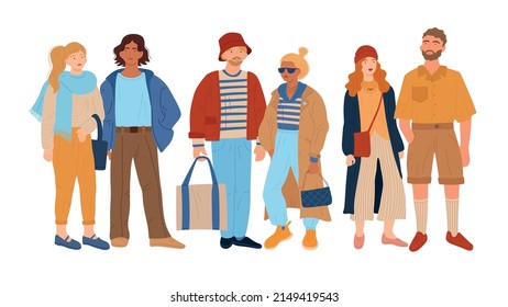 People in casual wear. Urban street style men and women outfits. Young fashionistas characters. Couples in modern cozy clothes. Stylish garments and accessories. Vector