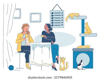 People in cat cafe. Two women with hot drinks sitting in cafeteria with cats. Young girls with coffee or tea near domestic animals. Comfort and coziness. Linear vector illustration