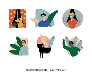 People, cat and dog pet animals looking out of windows set cartoon vector illustration