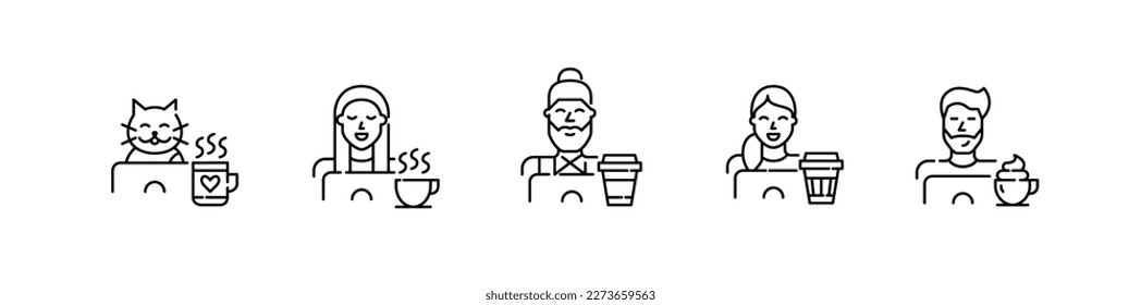 People and cat having coffee while working at laptop. Pixel perfect, editable stroke line icons