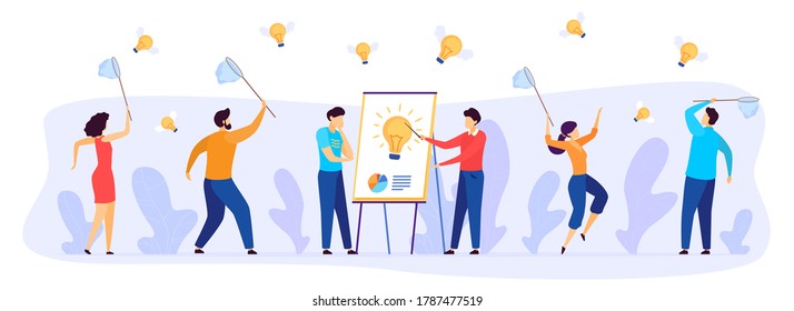 People catch business idea vector illustration. Cartoon flat businessman team characters with butterfly nets catching fast flying winged light bulbs, teamwork in starting new project isolated on white