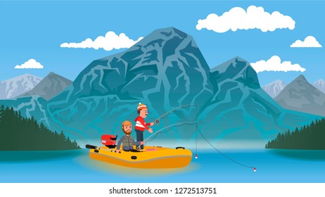 People catch fish sitting in a rubber boat. Vector illustration, flat design style.