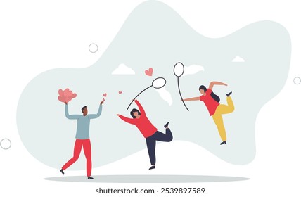 People catch flying red hearts with net .woman run and attract reactions of friends, collect likes in social media.flat characters.