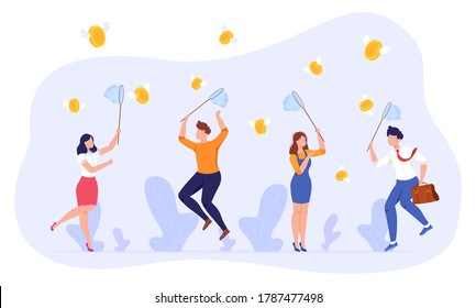 People catch money vector illustration. Cartoon flat employee group characters holding nets, businessman businesswoman jumping, catching flying money coins, success business concept isolated on white