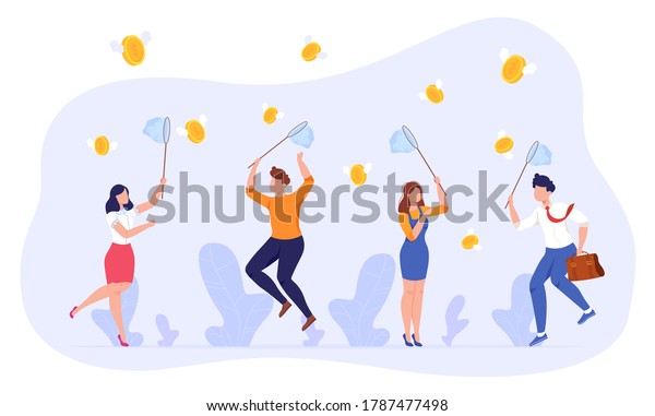 People catch money vector illustration. Cartoon\
flat employee group characters holding nets, businessman\
businesswoman jumping, catching flying money coins, success\
business concept isolated on\
white