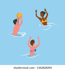 People catching ball in water, summer aqua activity. Man and woman wearing swimsuit, flat design style, splashing and playing volleyball in pool vector