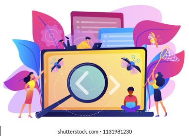 People catching bugs on the laptop screen with angle brackets. IT software application testing, quality assurance, QA team and bug fixing concept. Violet palette. Vector illustration on background.