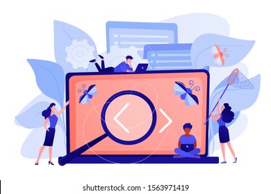 People catching bugs on the laptop screen with angle brackets. IT software application testing, quality assurance, QA team and bug fixing concept. Pinkish coral blue palette. Vector illustration on