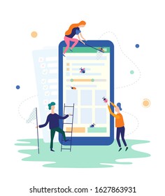 People catching bugs on mobile app. IT software application testing, quality assurance, QA team and bug fixing concept. Vector illustration in flat style on white background