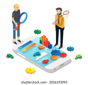 People catching bugs on smartphone screen, flat vector isometric illustration. Mobile development and testing process, quality assurance, debugging.