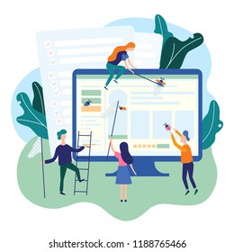 People catching bugs on the web page. IT software application testing, quality assurance, QA team and bug fixing concept. Vector illustration in cartoon and flat style