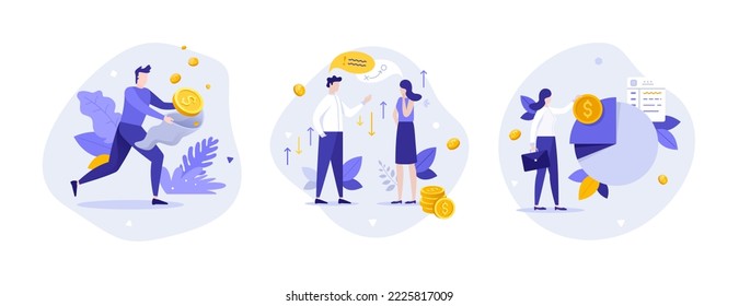 People Catching Money With Bag, Talking About Finance, Putting Dollar Coin On Pie Chart. Concept Of Financial Success, Business Conversation, Analytics. Modern Flat Vector Illustration For Banner.