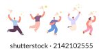 People catching stars. Person run jump and flying to star with net. Catch dream metaphor. Happy isolated adult woman and man play, vector set