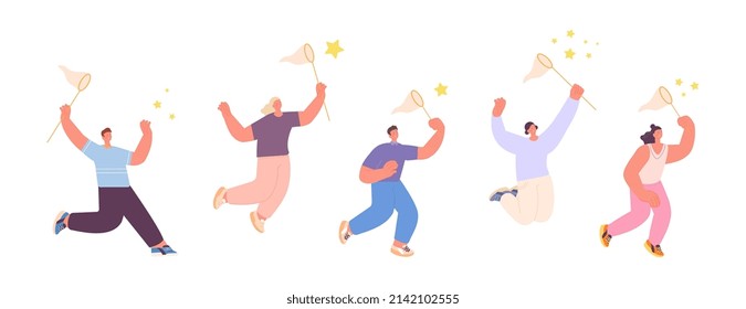 People catching stars. Person run jump and flying to star with net. Catch dream metaphor. Happy isolated adult woman and man play, vector set