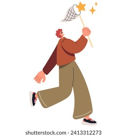 People catching stars. Person run jump and flying to star with net. Catch dream metaphor. Happy isolated adult man play, vector set