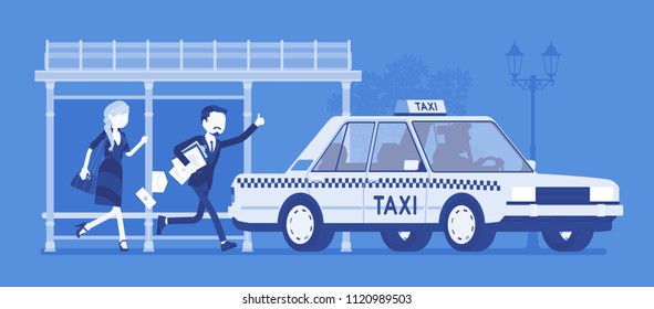 People catching a taxi cab. Man and woman, late passengers running from bus stop in a hurry to get a car, wave or call for taxicab with great haste. Vector illustration, faceless characters