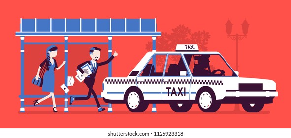 People catching a taxi cab. Man and woman, two late passengers running from bus stop in a hurry to get a car, wave or call for taxicab with great haste. Vector illustration, faceless characters