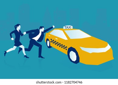 People catching a yellow taxi cab. Man and woman late passengers running in a hurry to get a car, wave or call for taxicab with great haste. Eps Vector illustration. Minimalist white blue flat modern 