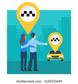 People cathchig taxi - young couple, taxi car and geo marks on city`s silhouette background