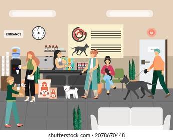 People with cats and dogs buying food, cute small domestic animals in pet shop, vector illustration. Pet store business.