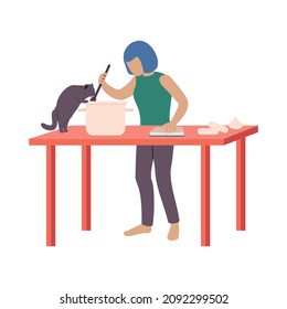 People with cats flat composition with isolated view of cooking woman with cat on table vector illustration