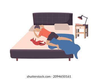 Gente con gatos composición plana con visión aislada del hombre dormido con gato en la cama ilustración vectorial